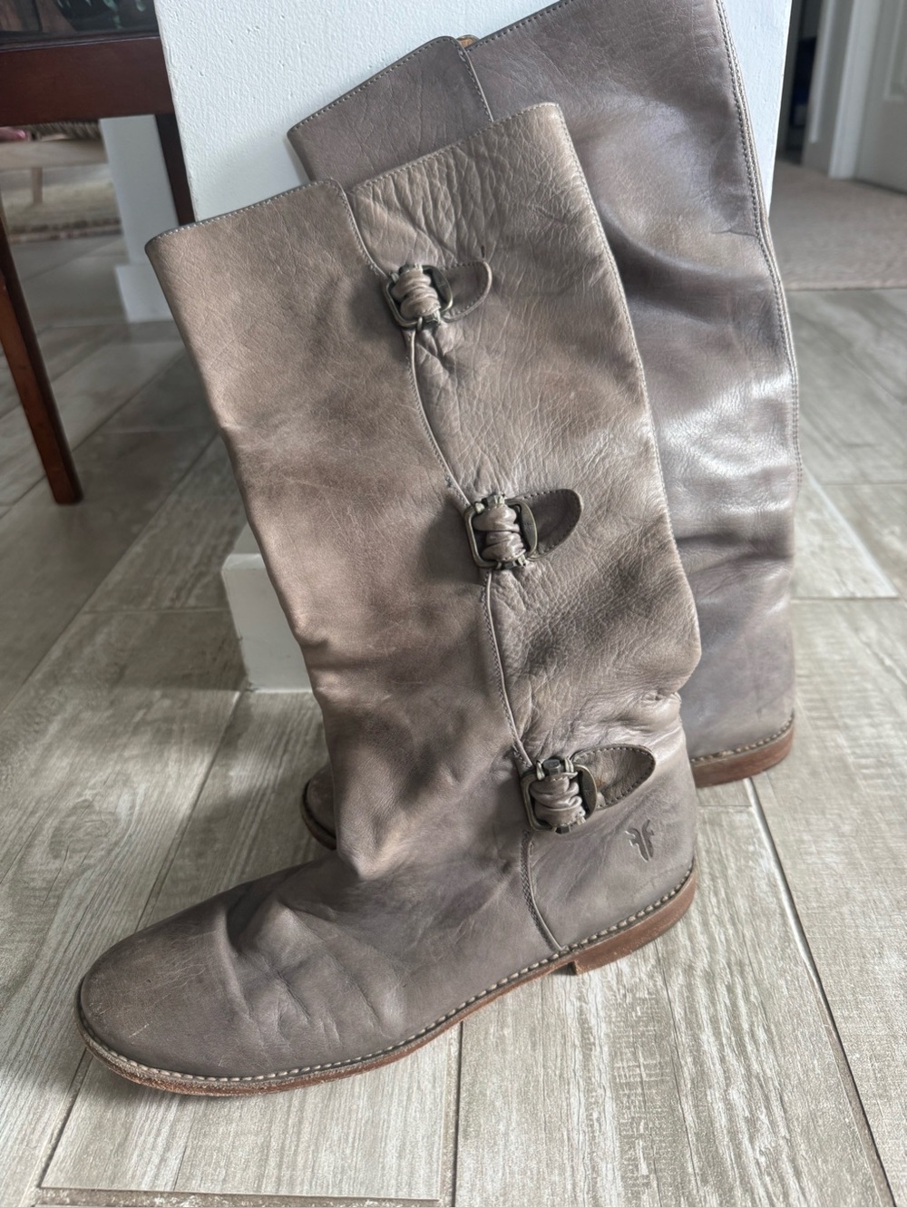 Frye Paige Tall Triple Buckle Leather Boots Stone Gray Taupe 8.5